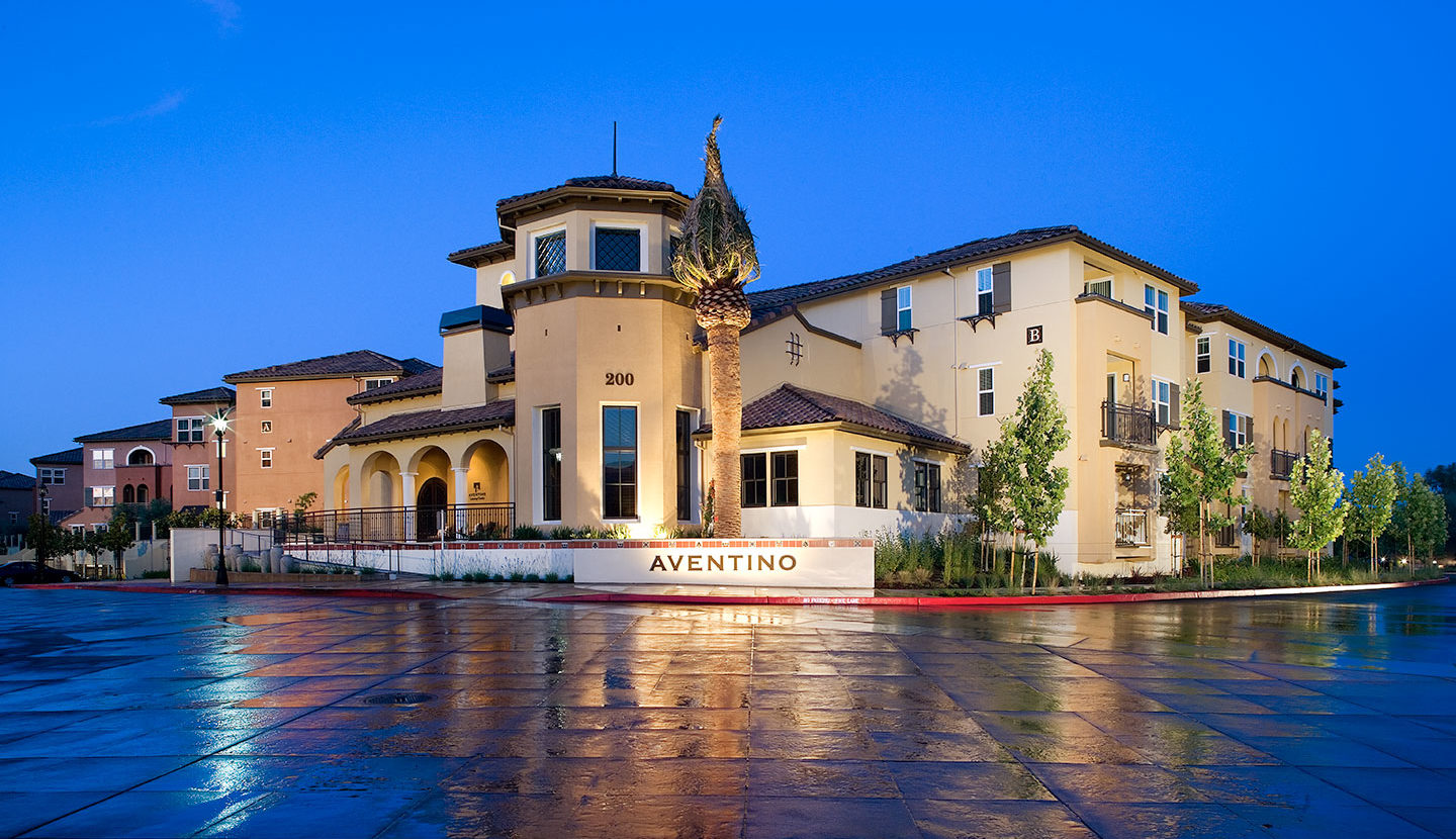 Evening view of a Tuscany style apartment complex