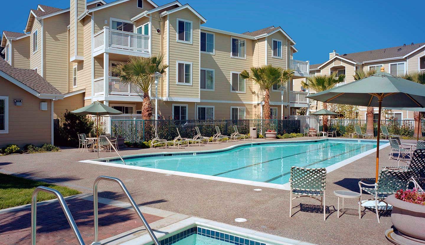Community pool and spa area of the apartment complex