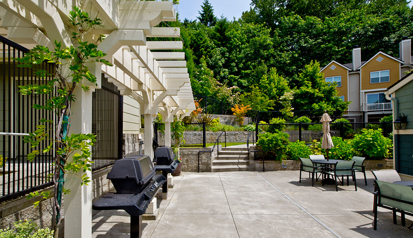 Community bbq area with seating