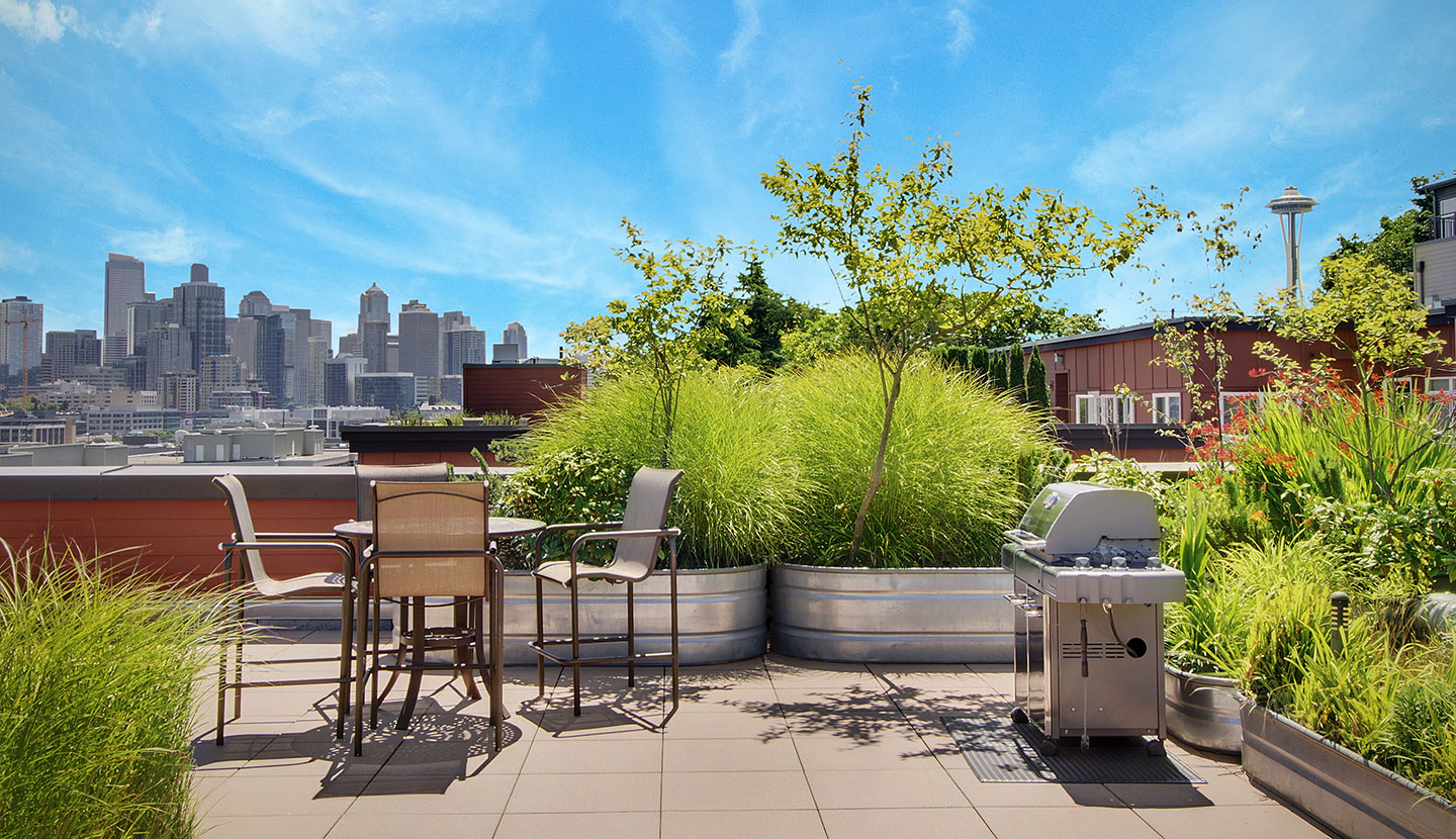 Rooftop bbq area with seating and greenery