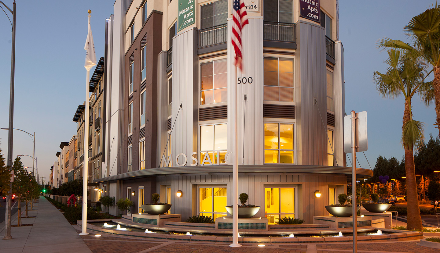 Close up on entrance of an apartment building in the evening