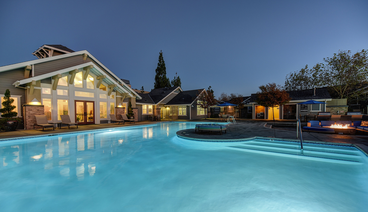 Clubhouse and pool in the evening