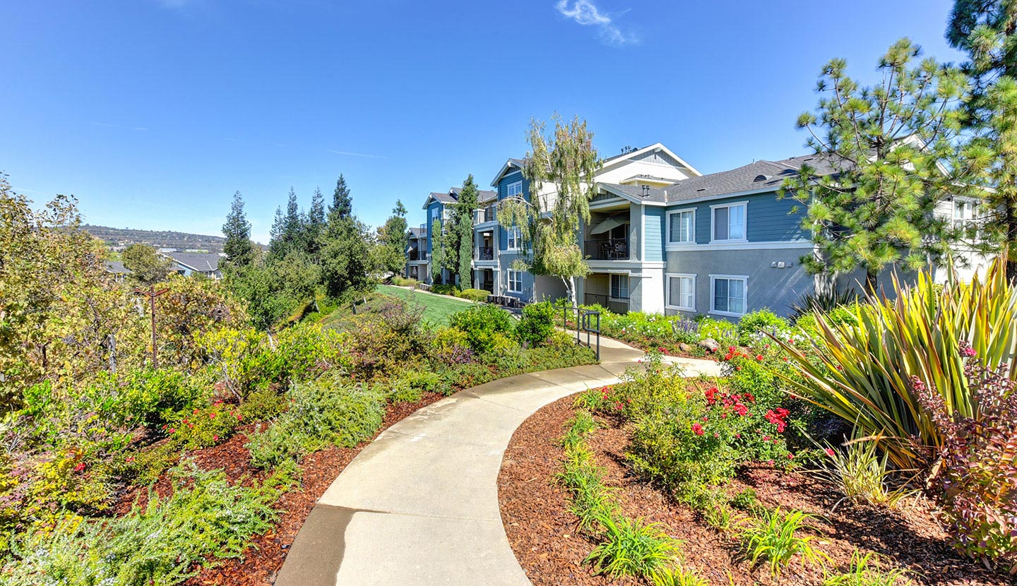 Landscaped pathway to a two-level building